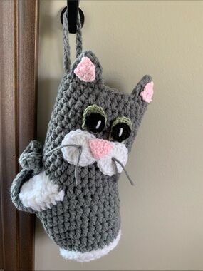 Handmade Gray & Pink Crochet Cat Stocking